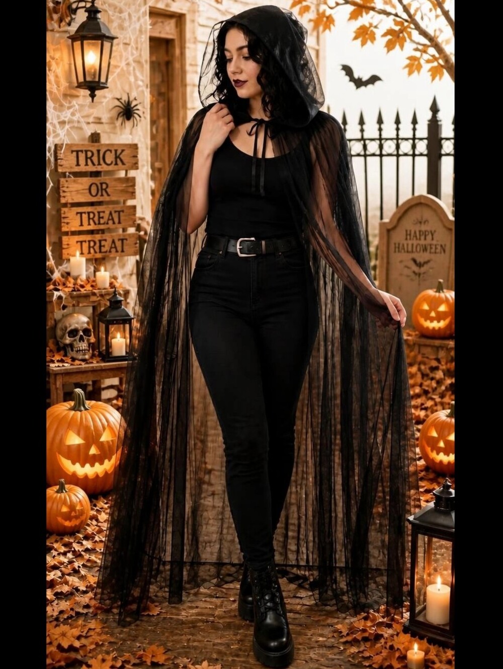 65" Floor Length Soft Tulle Hooded Cape Black Sheer Gothic Witch Cloak